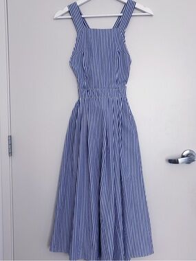 Nautical Blue White Striped Midi Maxi Dress Cross Back Pockets XS J.Crew Style